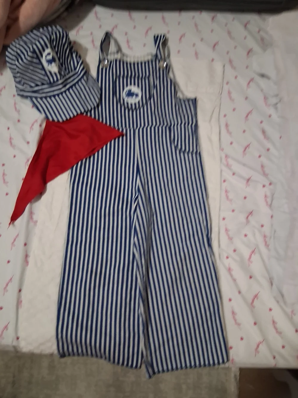 Kids Blue & White Striped Train Conductor Overalls with Red Bandana